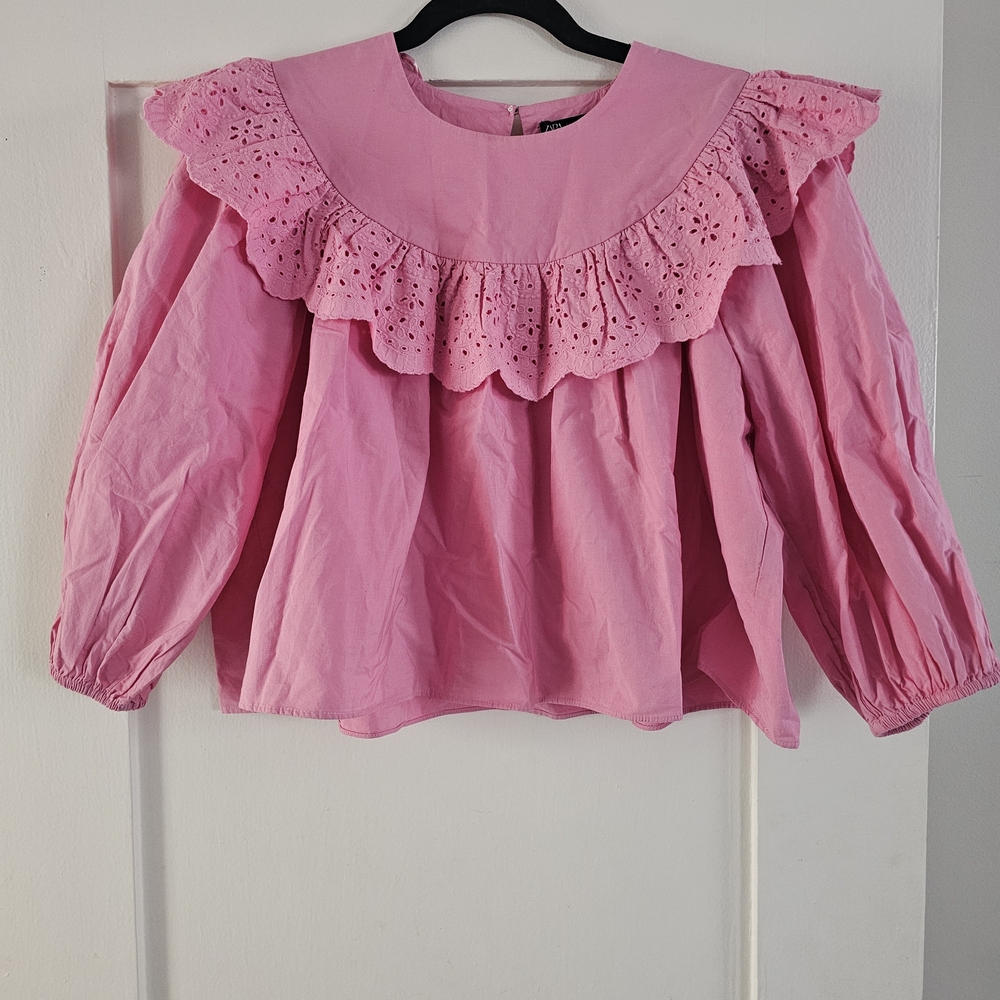 Zara Pink Eyelet Ruffle Cotton Blouse - Women